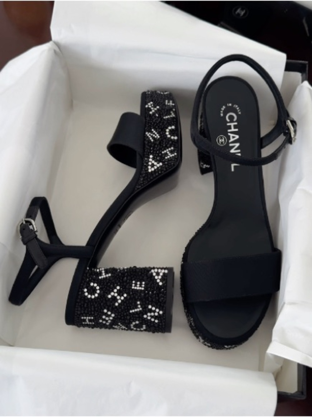 CHANEL Black Beaded Logo Block Heel Sandals
